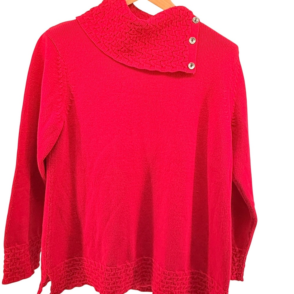 Coldwater Creek Red Cowl Neck Sweater Button Detail Textured Trim‎ Womens Large